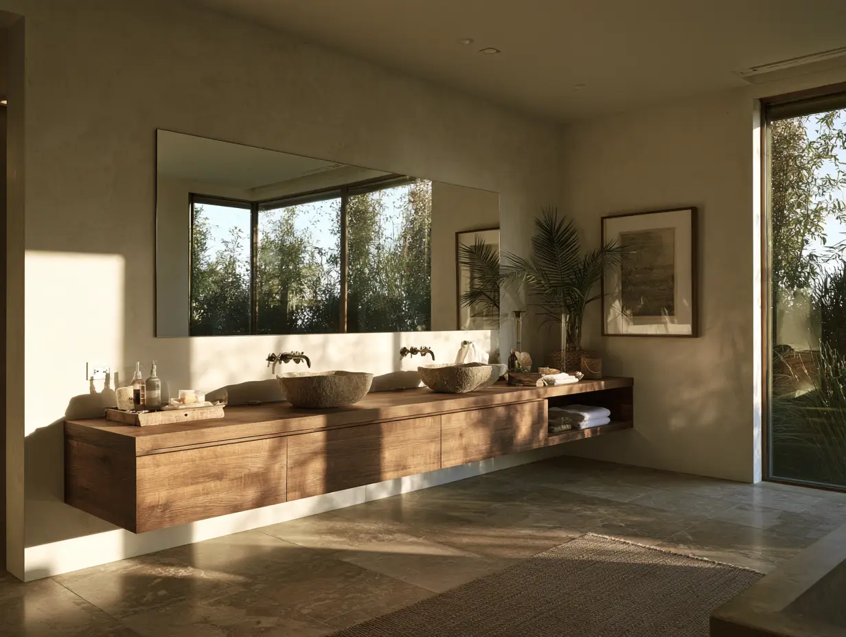 Modern bathroom vanity with dual stone basin sinks, a large mirror, and wood cabinetry.