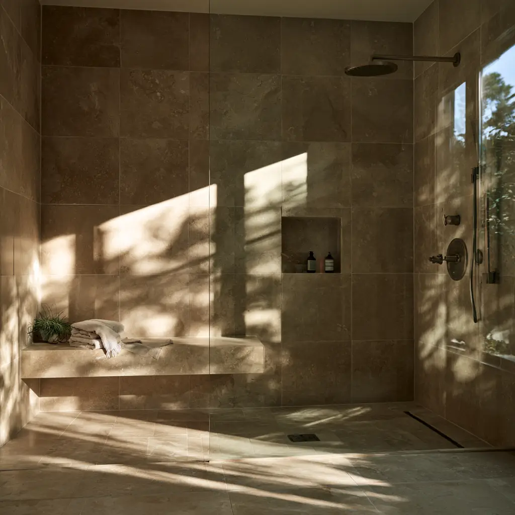 Tiled walk-in shower with a built-in stone bench, glass partition, and rain showerhead.