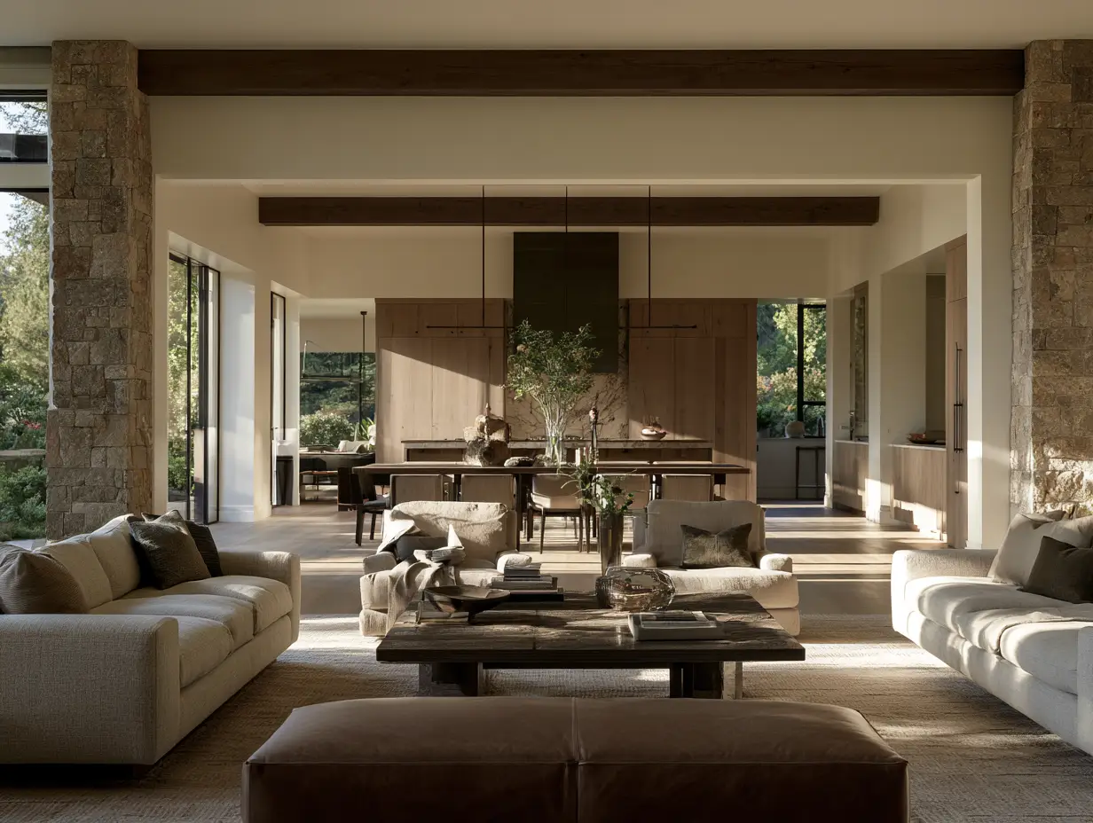 Spacious living room with stone pillars and sofas.