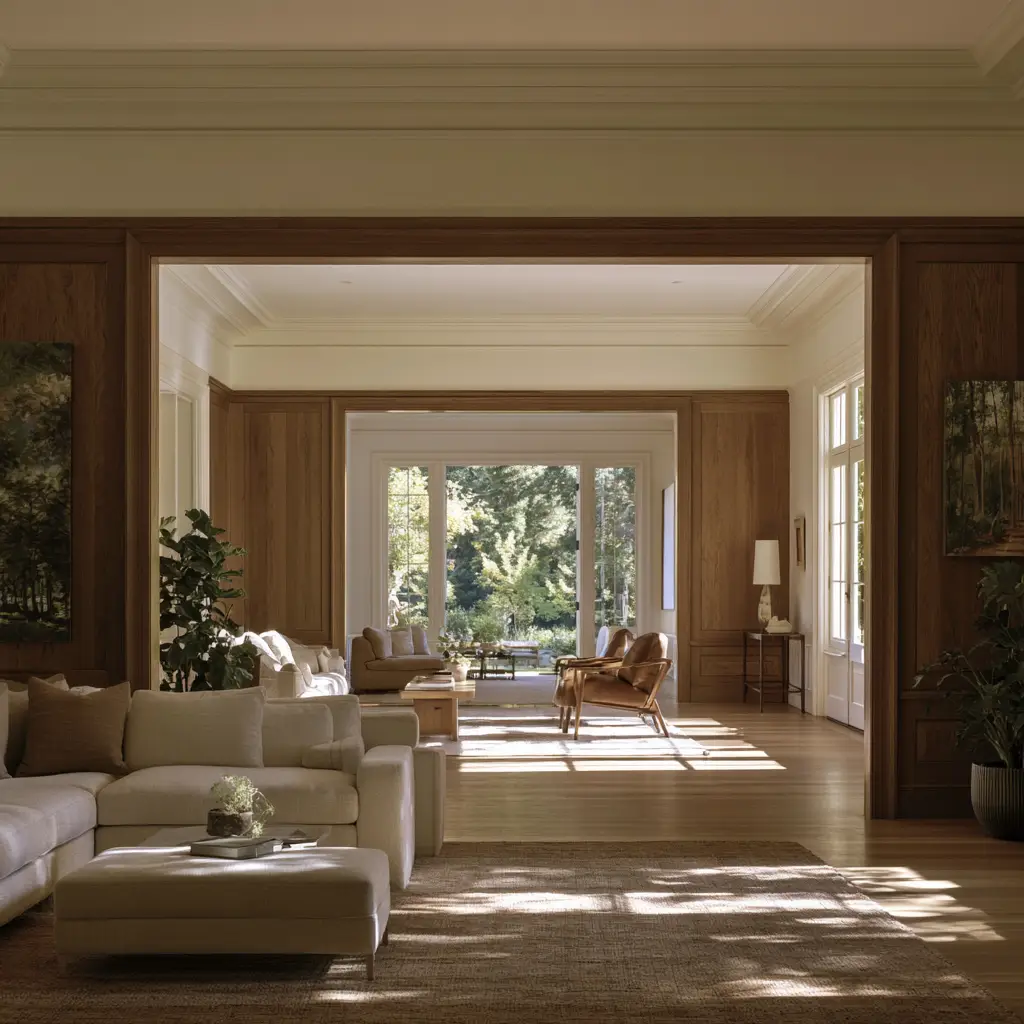 Wood-paneled living room with sofas and patio view.