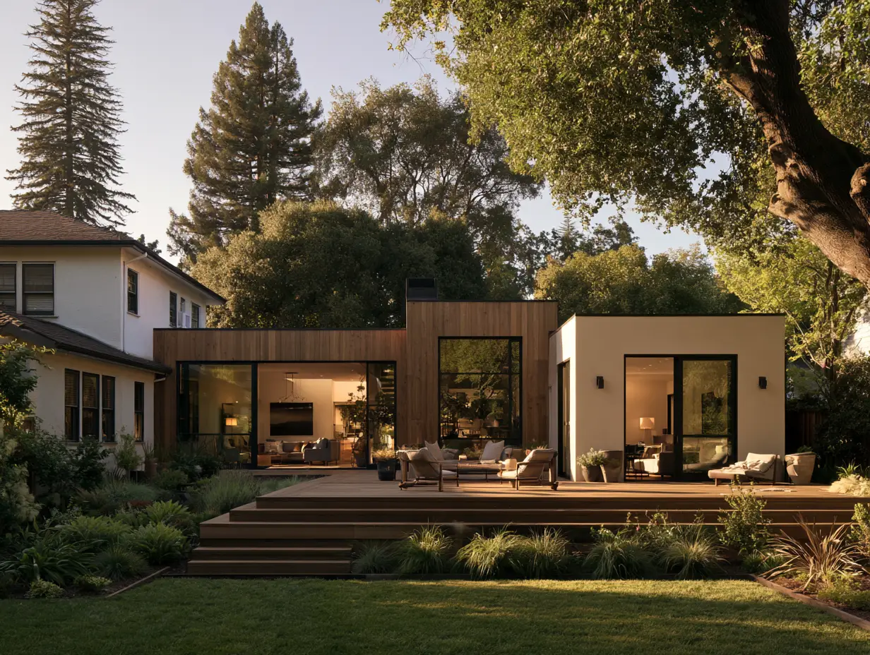 Modern home exterior with a wooden deck and expansive windows.