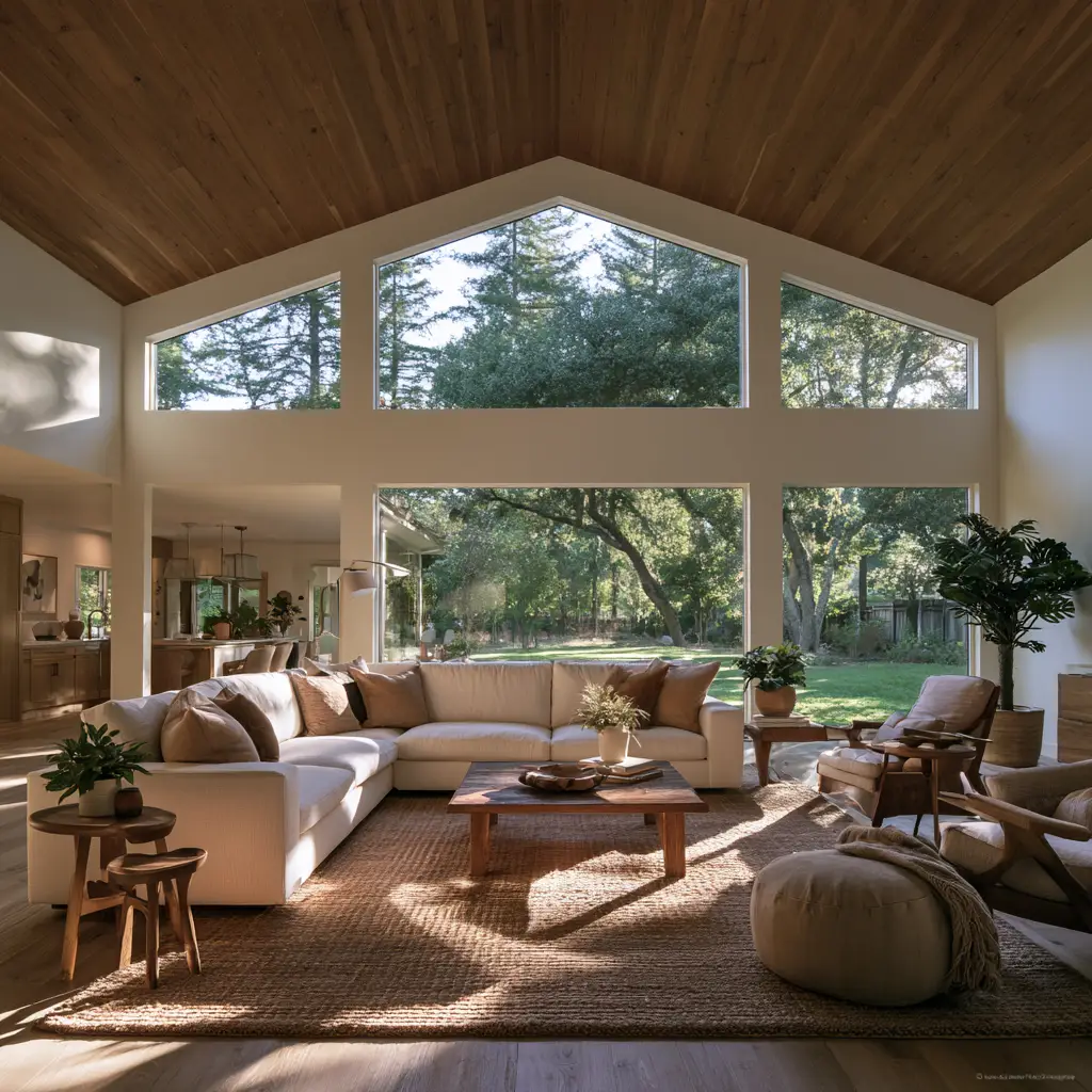 Living room with a vaulted wooden ceiling, large windows, and a sectional sofa.