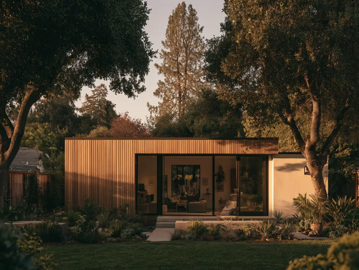 Modern home exterior with wood siding and large glass doors.