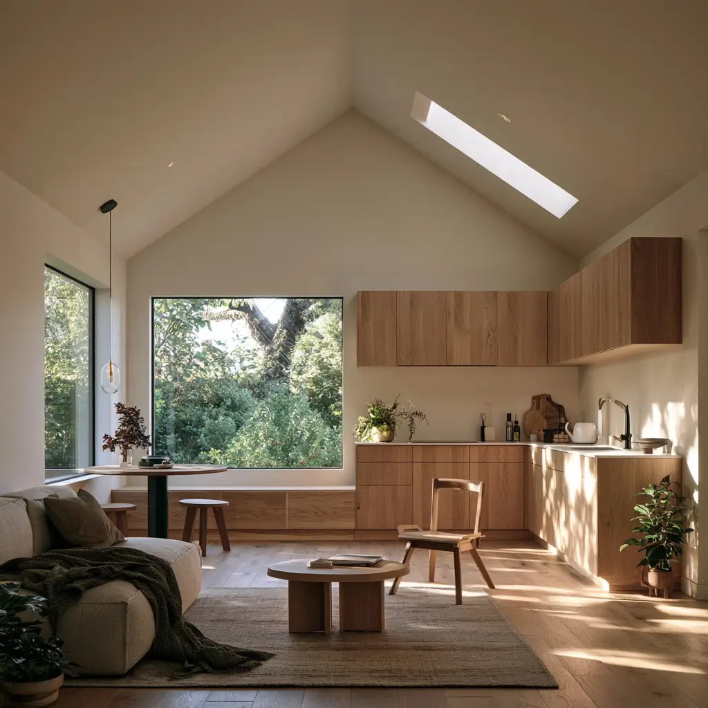Open-plan kitchen and living area with a vaulted ceiling and wooden cabinetry.