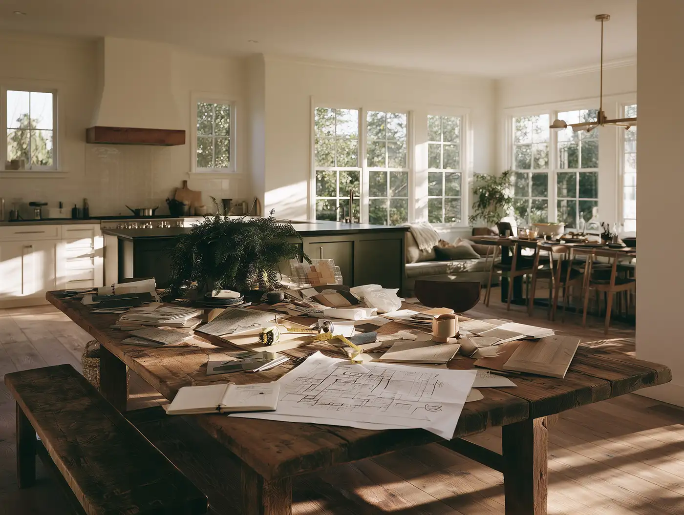A large wooden table cluttered with architectural blueprints, material samples, and a notebook in front of a modern kitchen.