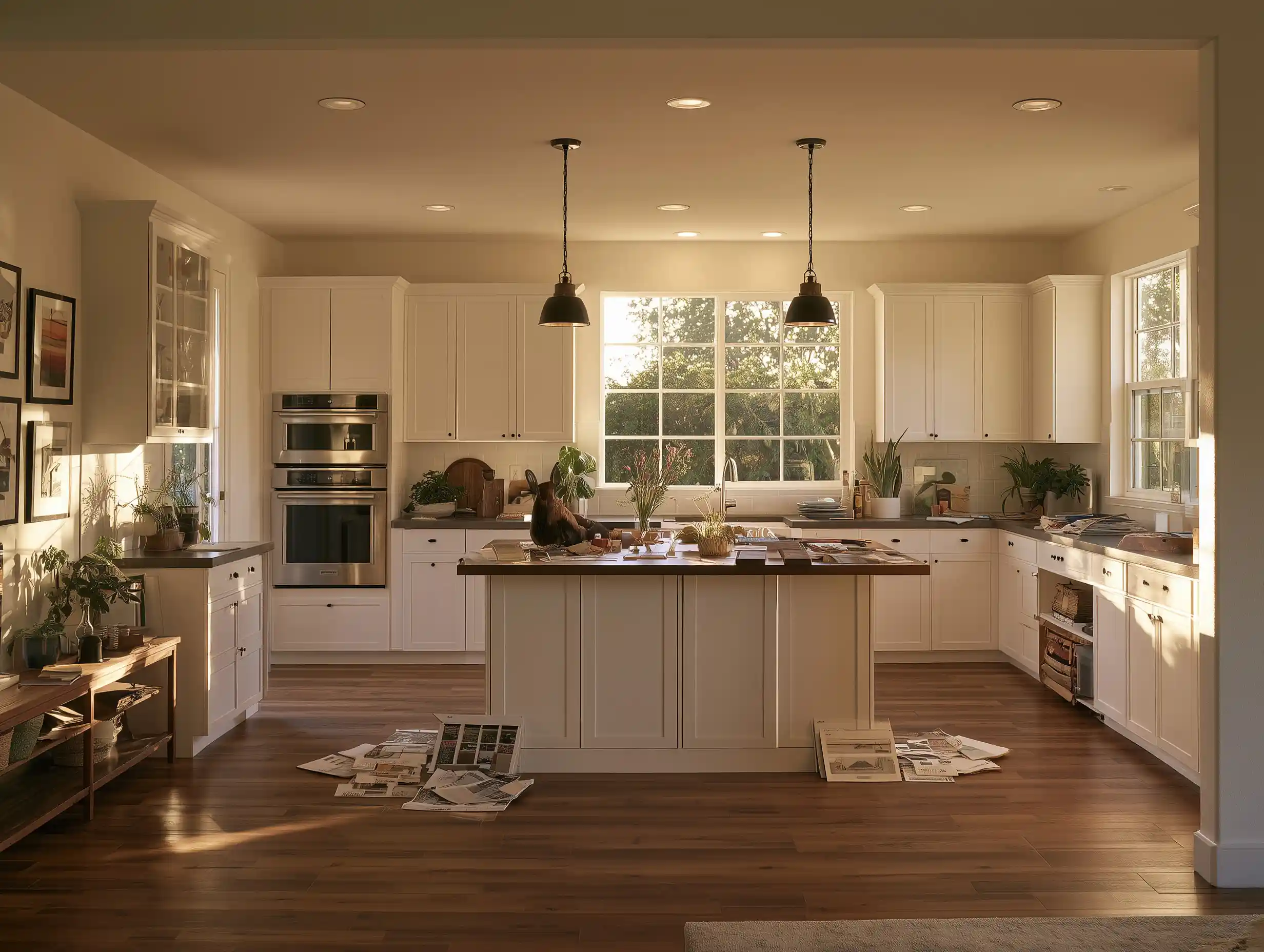 A white kitchen featuring an island with papers and architectural plans scattered around the floor.