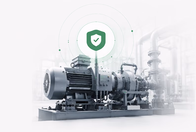 Industrial machine with multiple interconnected metal components and pipes, featuring a green shield icon with a checkmark above it symbolizing security or protection.