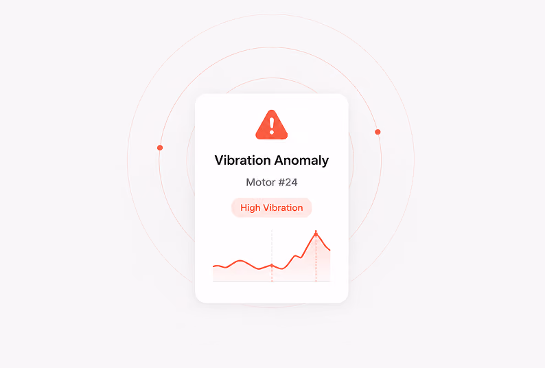 Alert card with a red warning triangle and text indicating a vibration anomaly in Motor #24, highlighting high vibration with a rising line graph.
