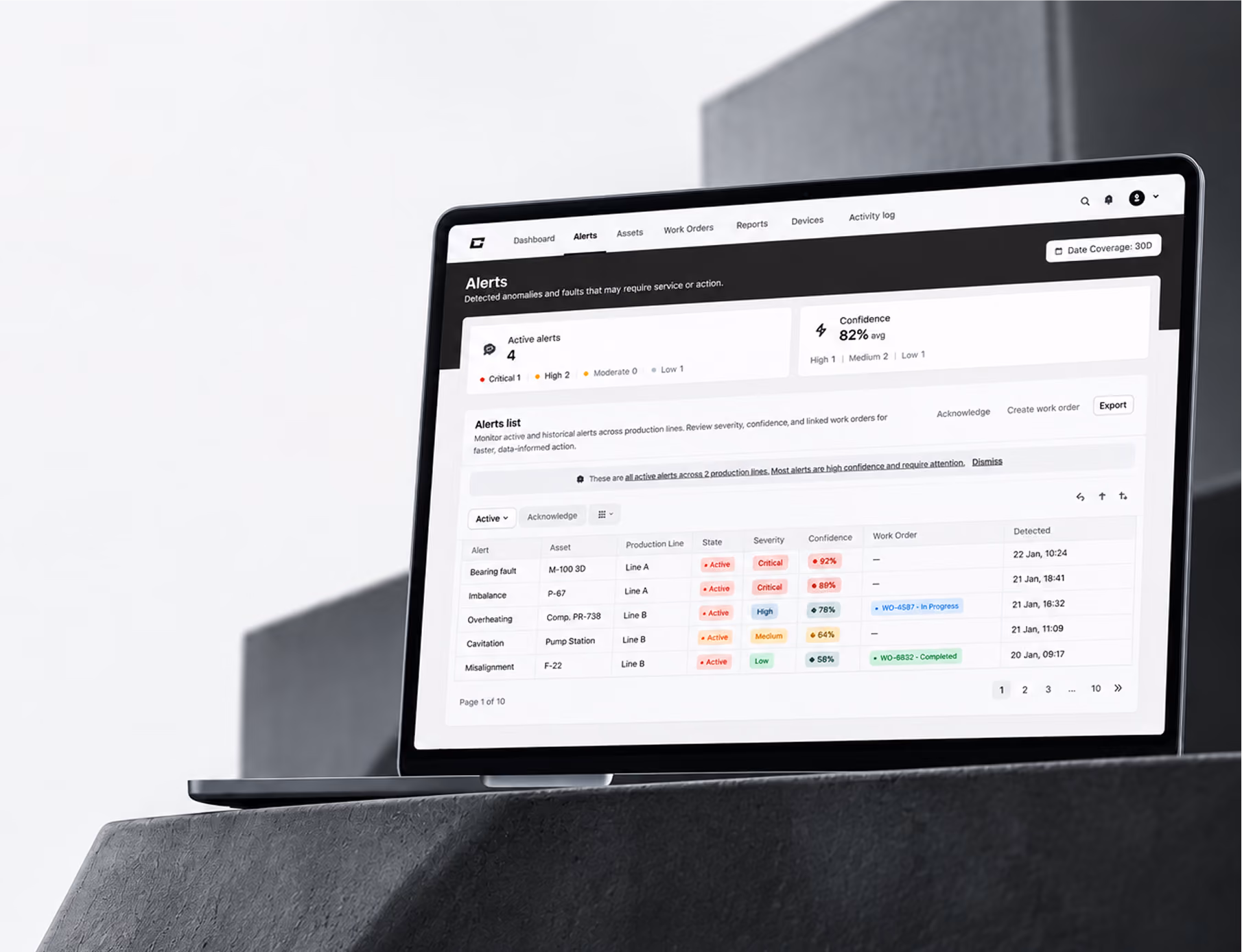 Laptop on a dark surface displaying a software dashboard with an alerts tab, showing active alerts, confidence levels, and a detailed alert list with severity, confidence, work order status, and detection times for various assets and production lines.