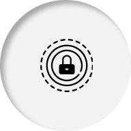 Black padlock icon centered within two concentric dashed circles on a white circular background with subtle shadow.