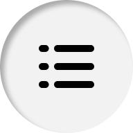Dark horizontal list icon with three bullet points on a circular light gray background with a subtle shadow.