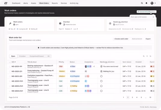 Screenshot of a maintenance management dashboard showing work orders with tabs for Open, Overdue, and Completed/Closed. The Open tab lists 8 work orders with details including W/O number, title & asset, priority, status, assigned personnel, attention flags, sync status, and creation date. Summary cards indicate 8 open work orders, 3 overdue, and 5 needing attention. The interface includes top menu navigation with Dashboard, Alerts, Assets, Work Orders, Reports, Devices, and Activity log.