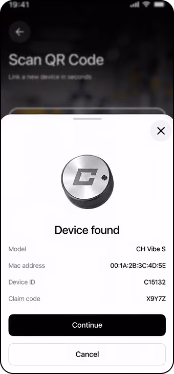 Mobile screen displaying a device found confirmation with a circular device image at the top, showing model CH Vibe S, Mac address 00:1A:2B:3C:4D:5E, Device ID C15132, and claim code X9Y7Z, with Continue and Cancel buttons below.