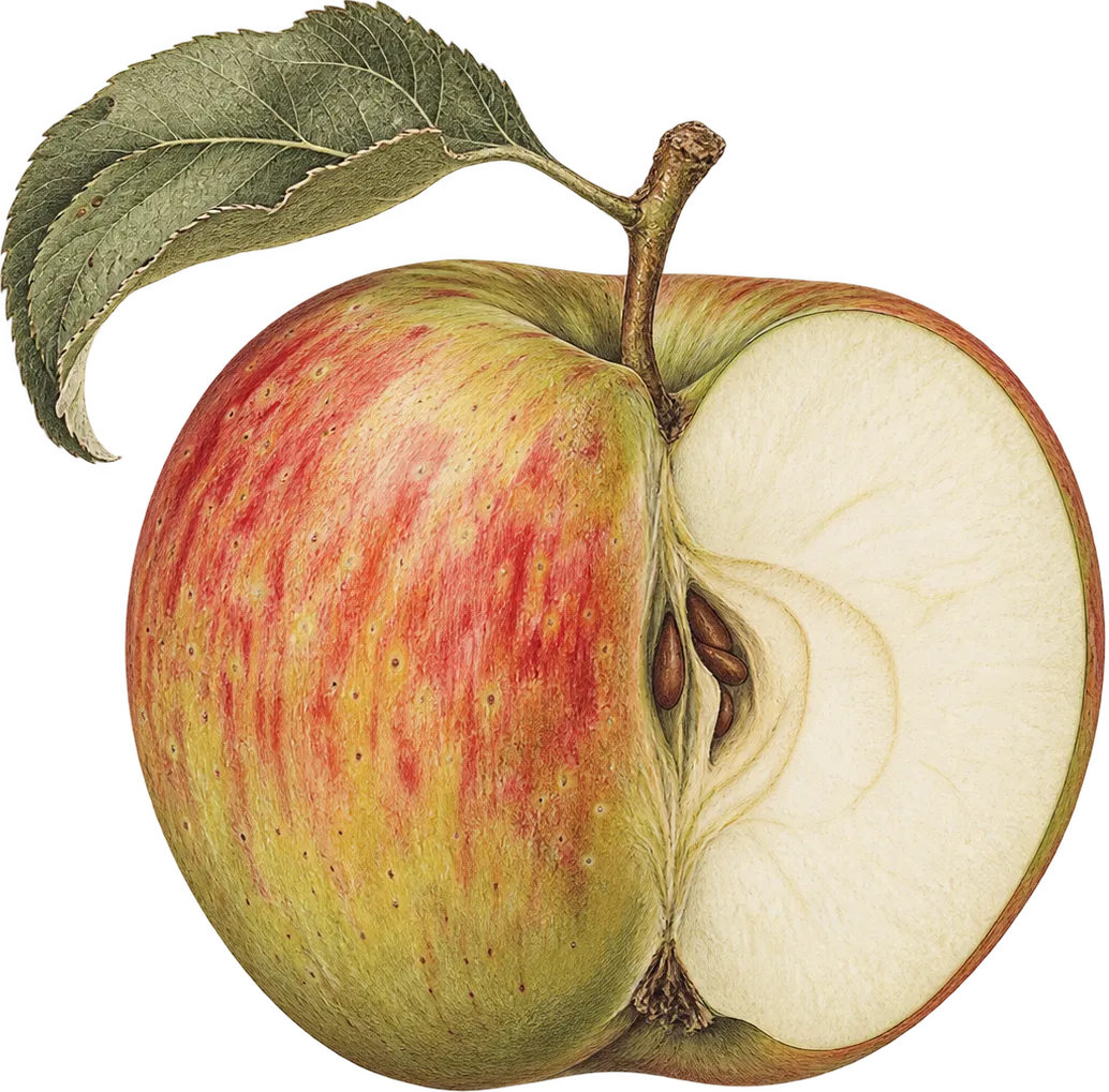 Aufgeschnittener Cox-Orange-Apfel mit Blatt, gezeichnete Illustration