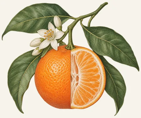 Gezeichnete Illustration einer halbierten Orange mit Blüten und Blättern