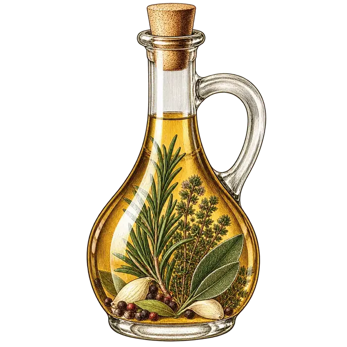 Glasflasche mit Olivenöl, Kräutern und Gewürzen