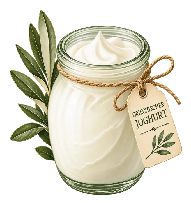 Glas mit Joghurt und Olivenzweigen