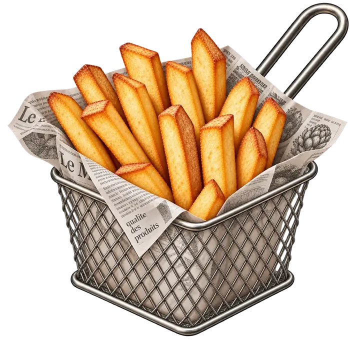 Frittierkorb mit Pommes frites auf Zeitungspapier