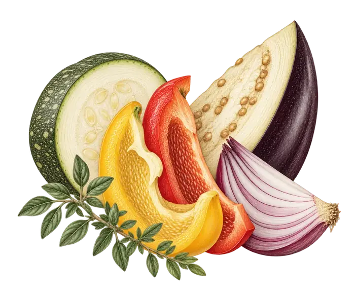 Geschnittene Zucchetti, Peperoni, Aubergine und rote Zwiebel mit Kräuterzweig