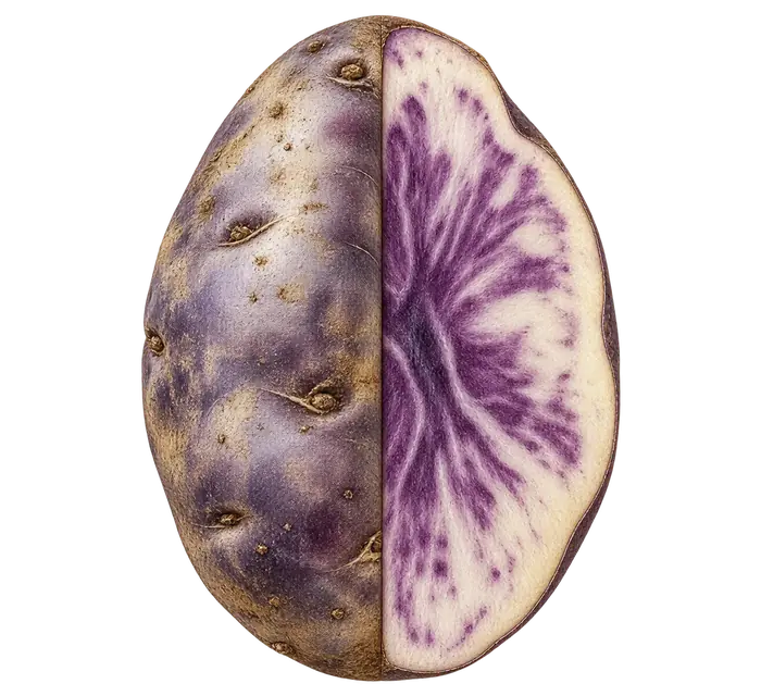 Violette Kartoffel, längs halbiert, mit marmoriertem Fruchtfleisch