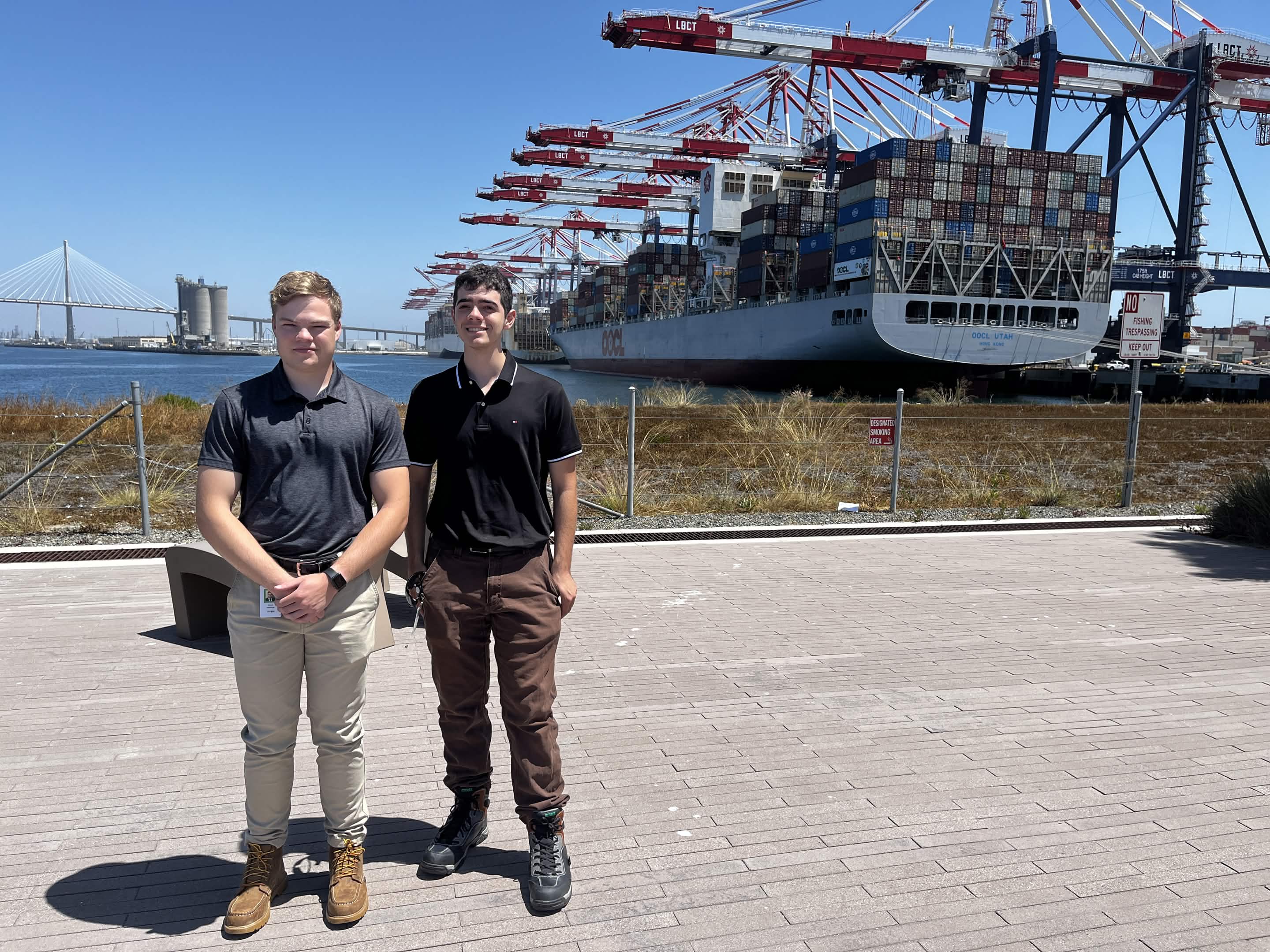 Grant and a colleague at a port facility during his BNSF Railway internship