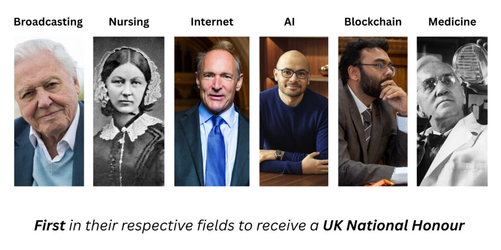 BBA UK National Honours artwork featuring pioneers in broadcasting, nursing, the internet, artificial intelligence, blockchain and medicine