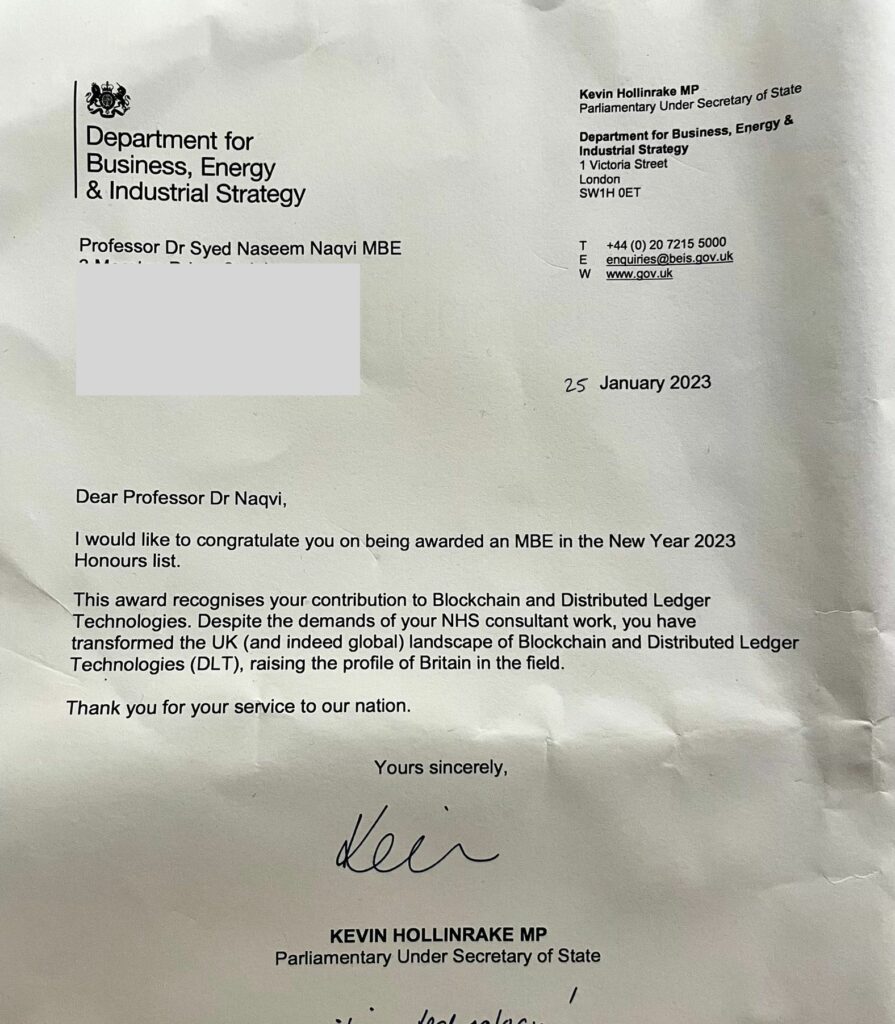 Kevin Hollinrake MP’s letter congratulating Professor Dr Naseem Naqvi on his MBE and recognising his contribution to blockchain, dated 25 January 2023.