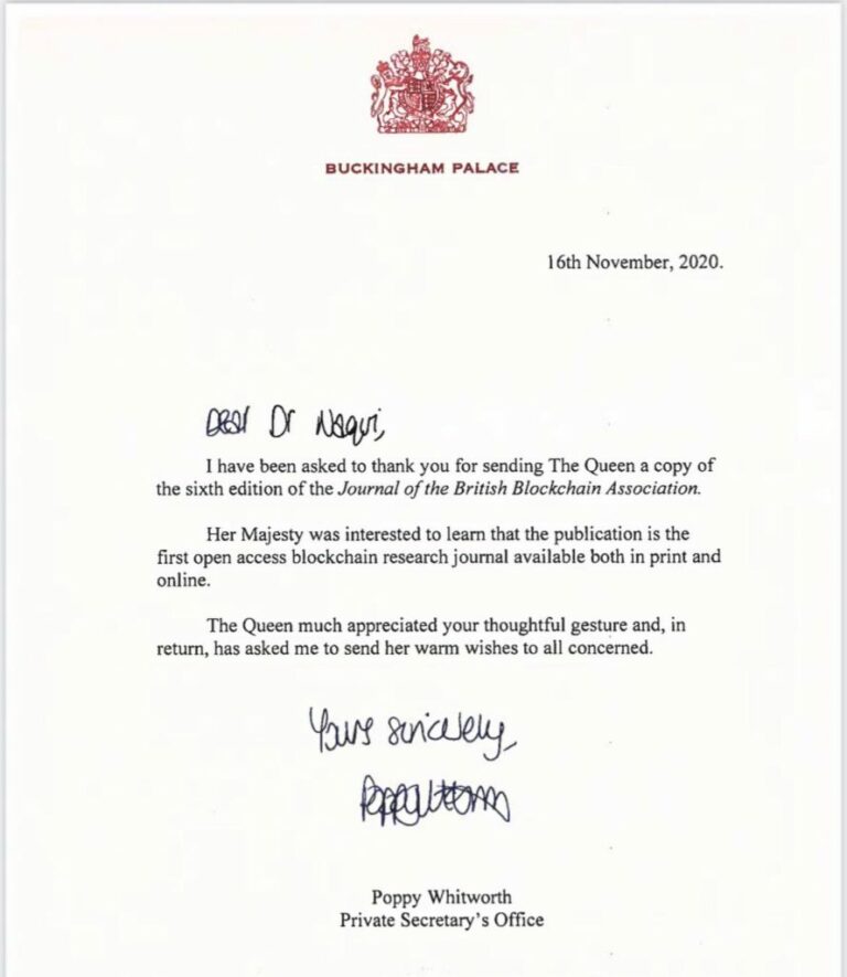 Buckingham Palace letter dated 16 November 2020 acknowledging the sixth edition of the Journal of the British Blockchain Association on behalf of Queen Elizabeth II.