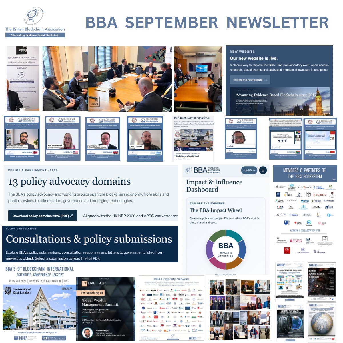 BBA September 2026 newsletter highlights collage: parliamentary activity, BAF Summit speakers, members, research and ISC2027