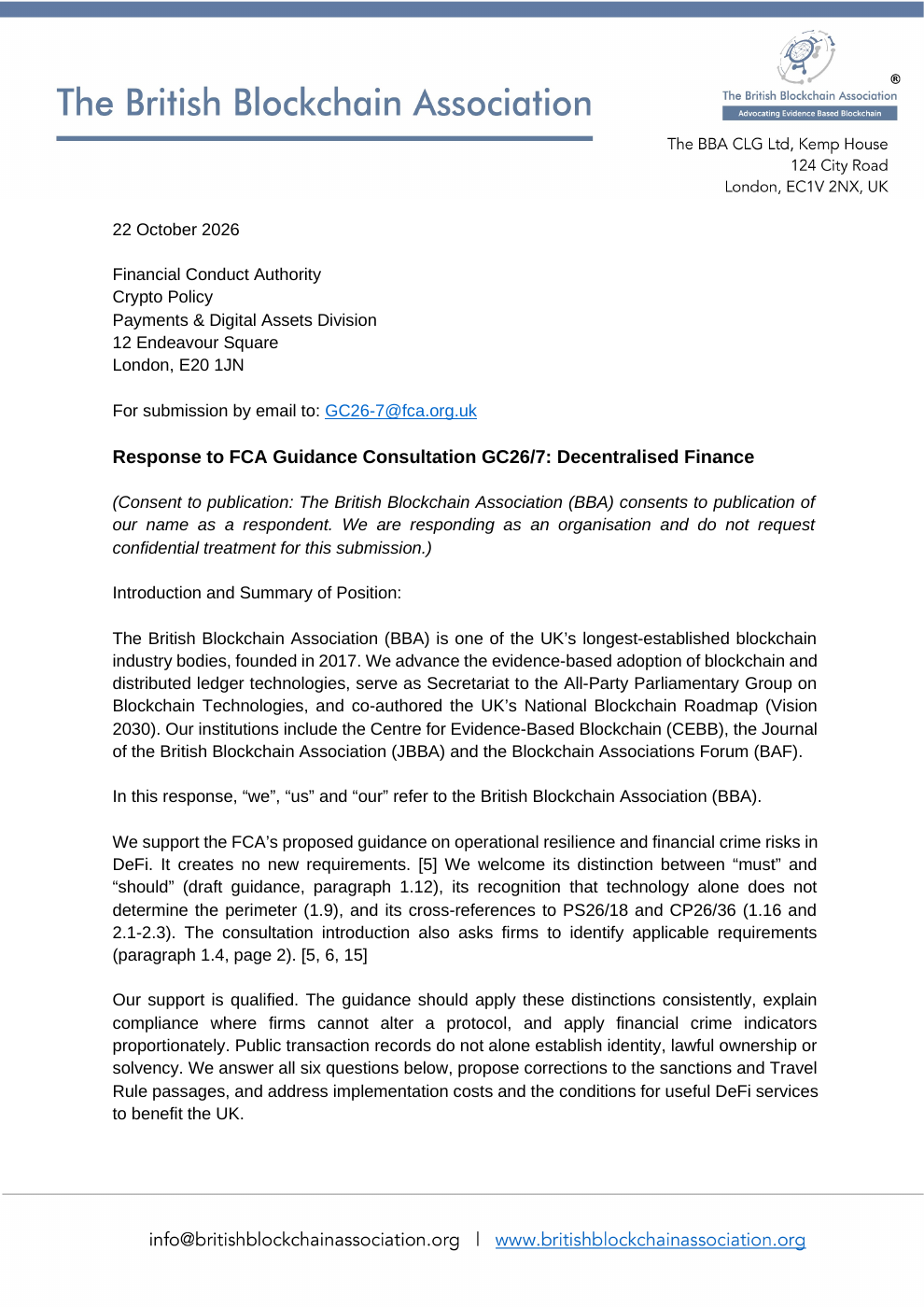 First page of BBA’s response to the FCA Decentralised Finance guidance consultation GC26/7, dated 22 October 2026.