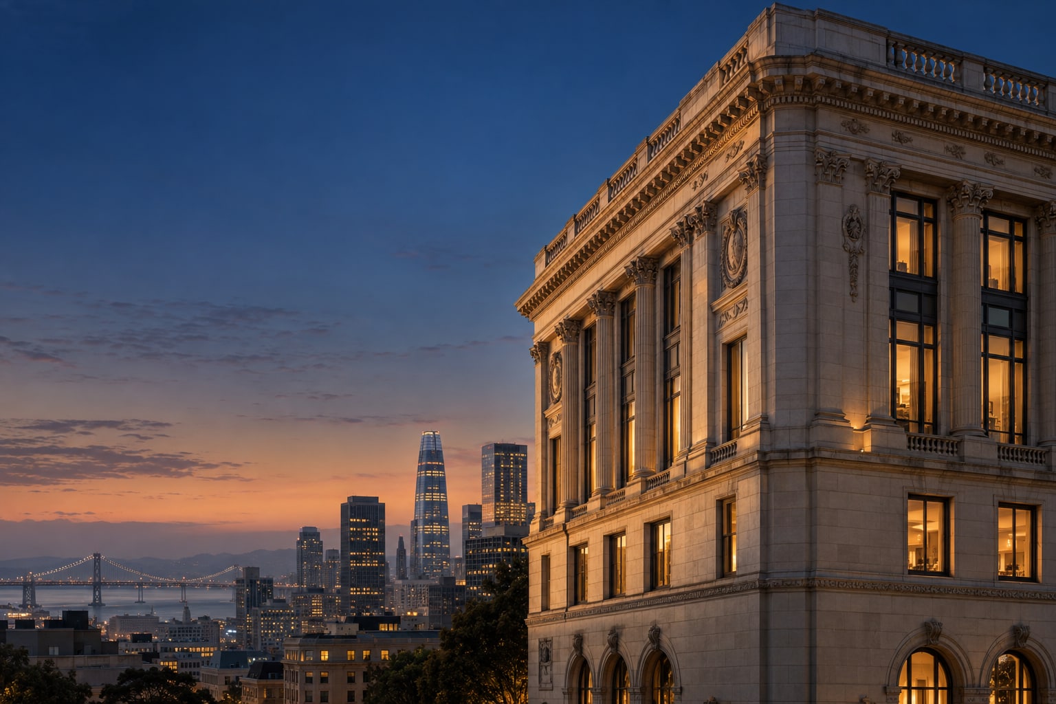 AI-generated architectural mood image: warmly lit limestone facade and distant city skyline at dusk, not company premises.