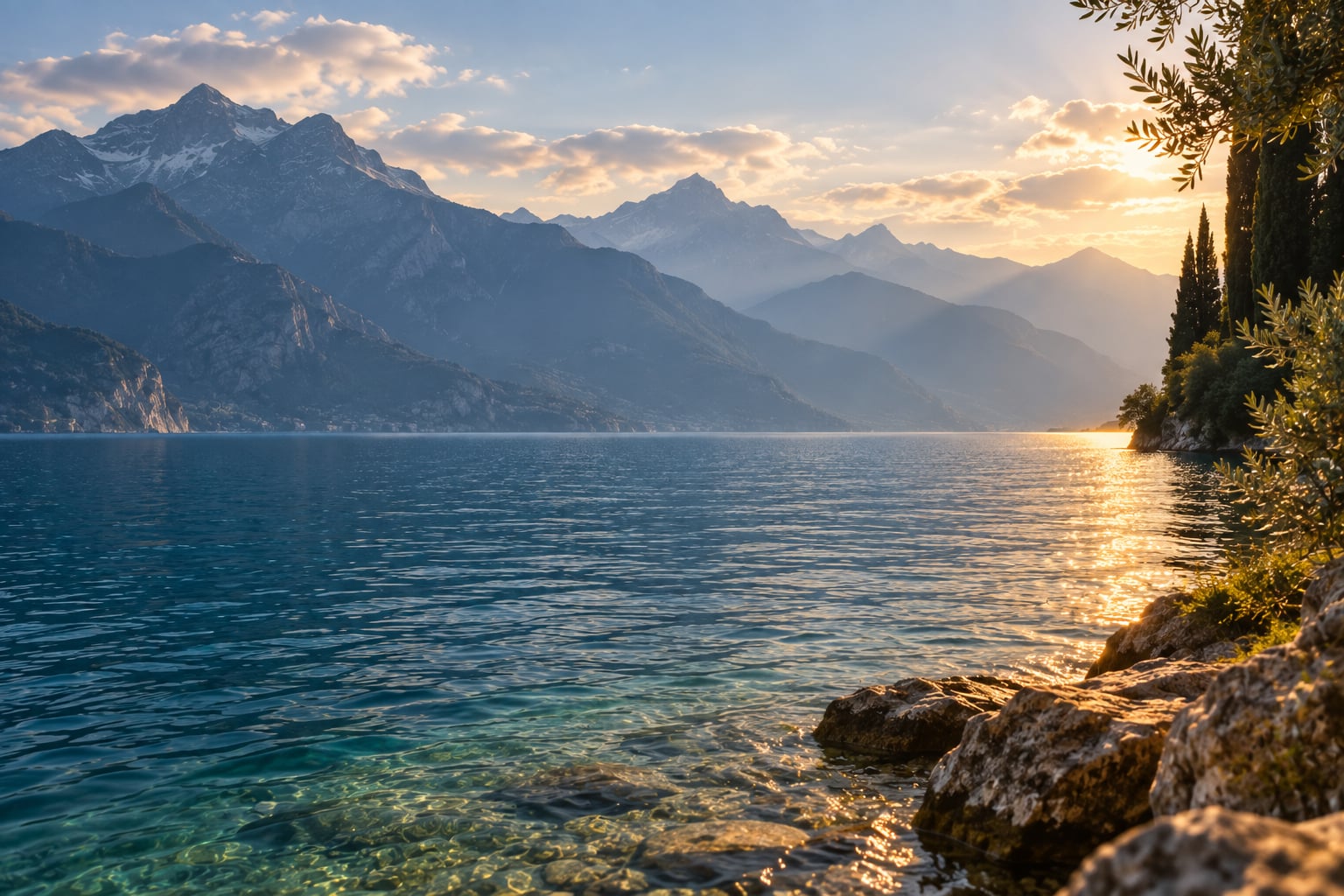Moodboard-inspired illustration of a calm blue mountain lake and a sunlit natural shoreline.