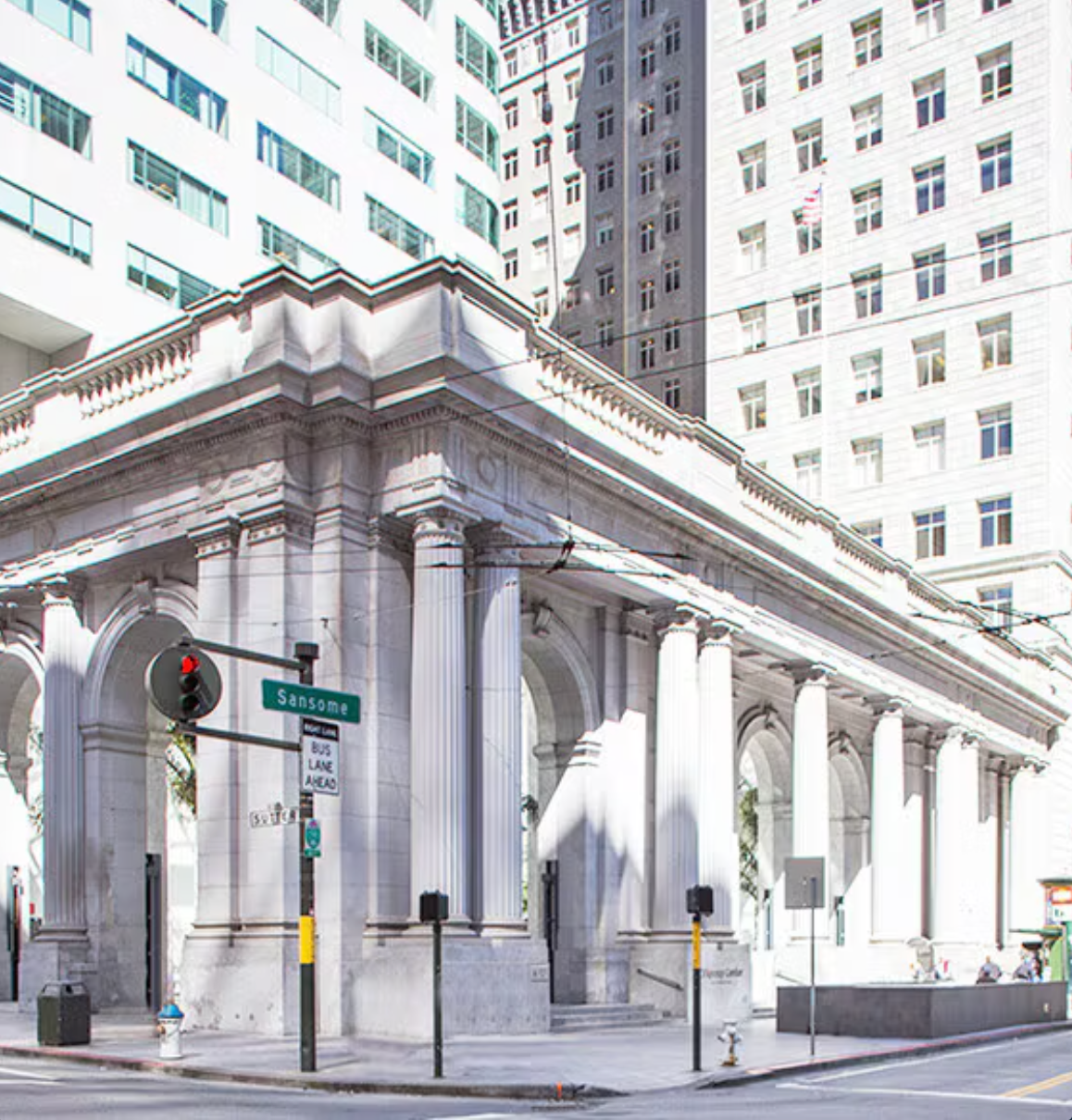 Classical stone entrance at One Sansome Street in San Francisco
