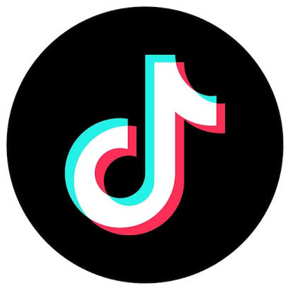 TikTok logo with a white musical note design outlined in cyan and red on a black circular background.