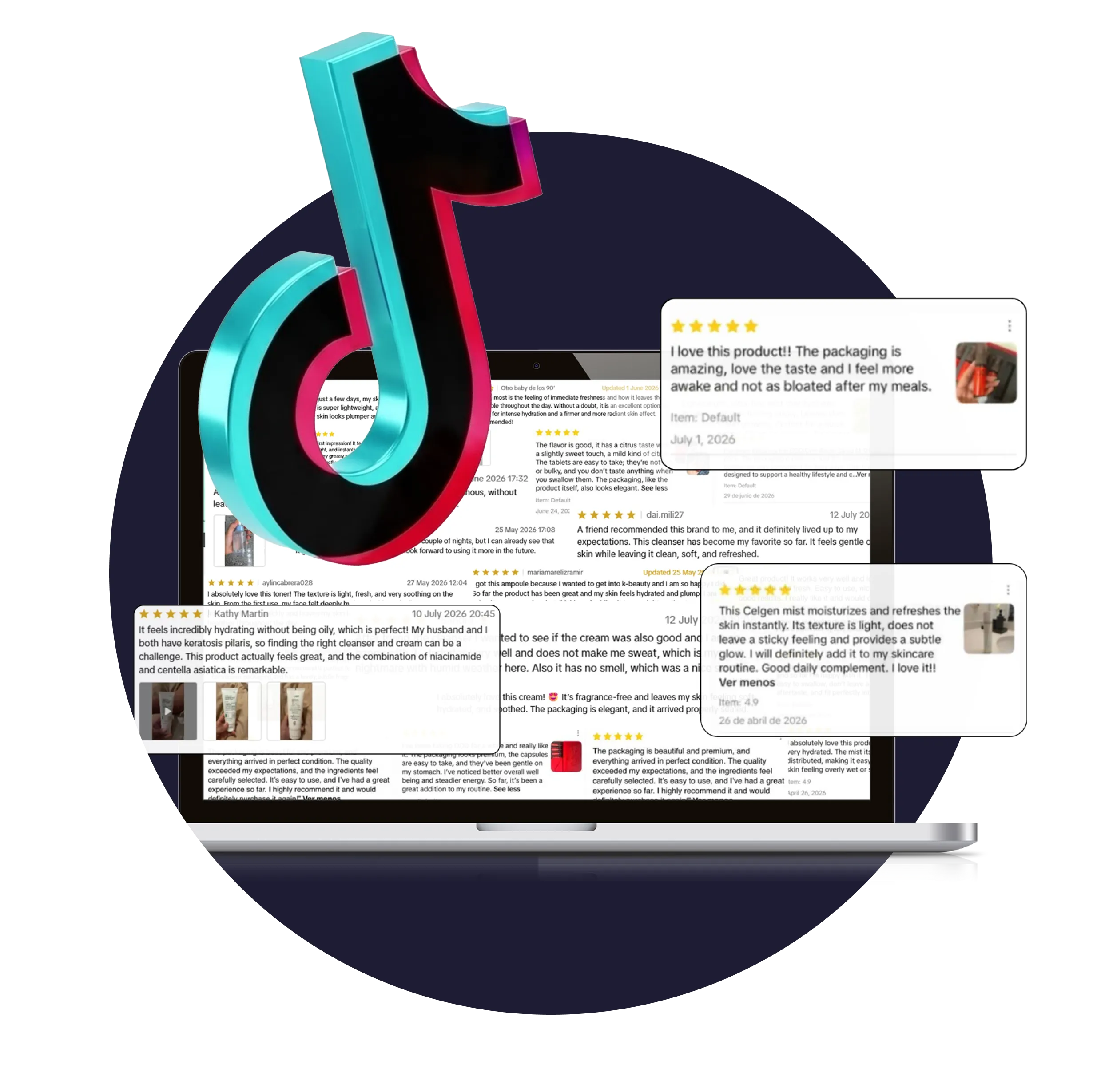 3D TikTok logo floating in front of a laptop screen displaying multiple positive customer reviews for skincare products, with star ratings and text excerpts visible.
