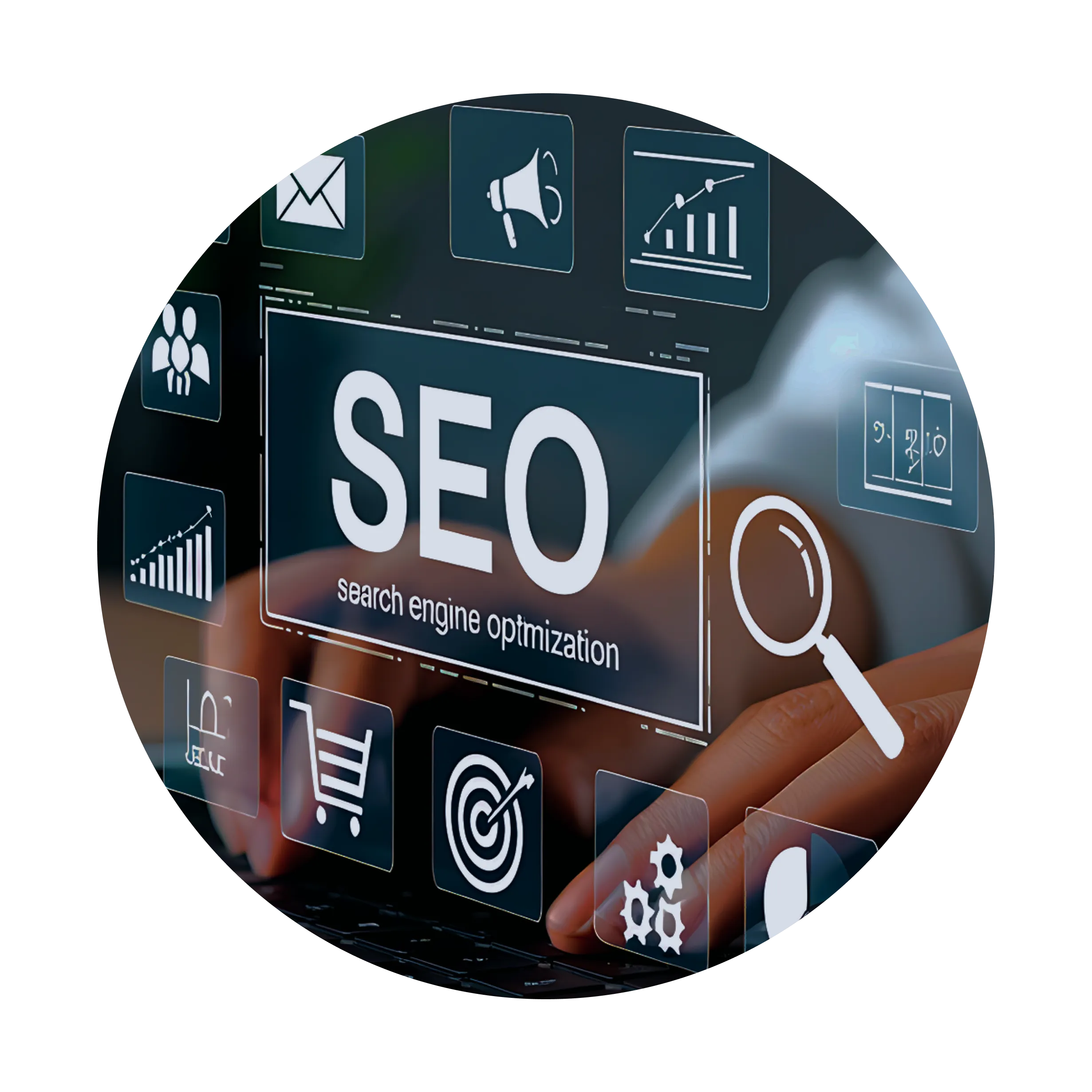 Fingers typing on a keyboard with digital icons related to SEO, including a magnifying glass, target, shopping cart, gears, and charts, along with the large text 'SEO' and 'search engine optimization' in the center.