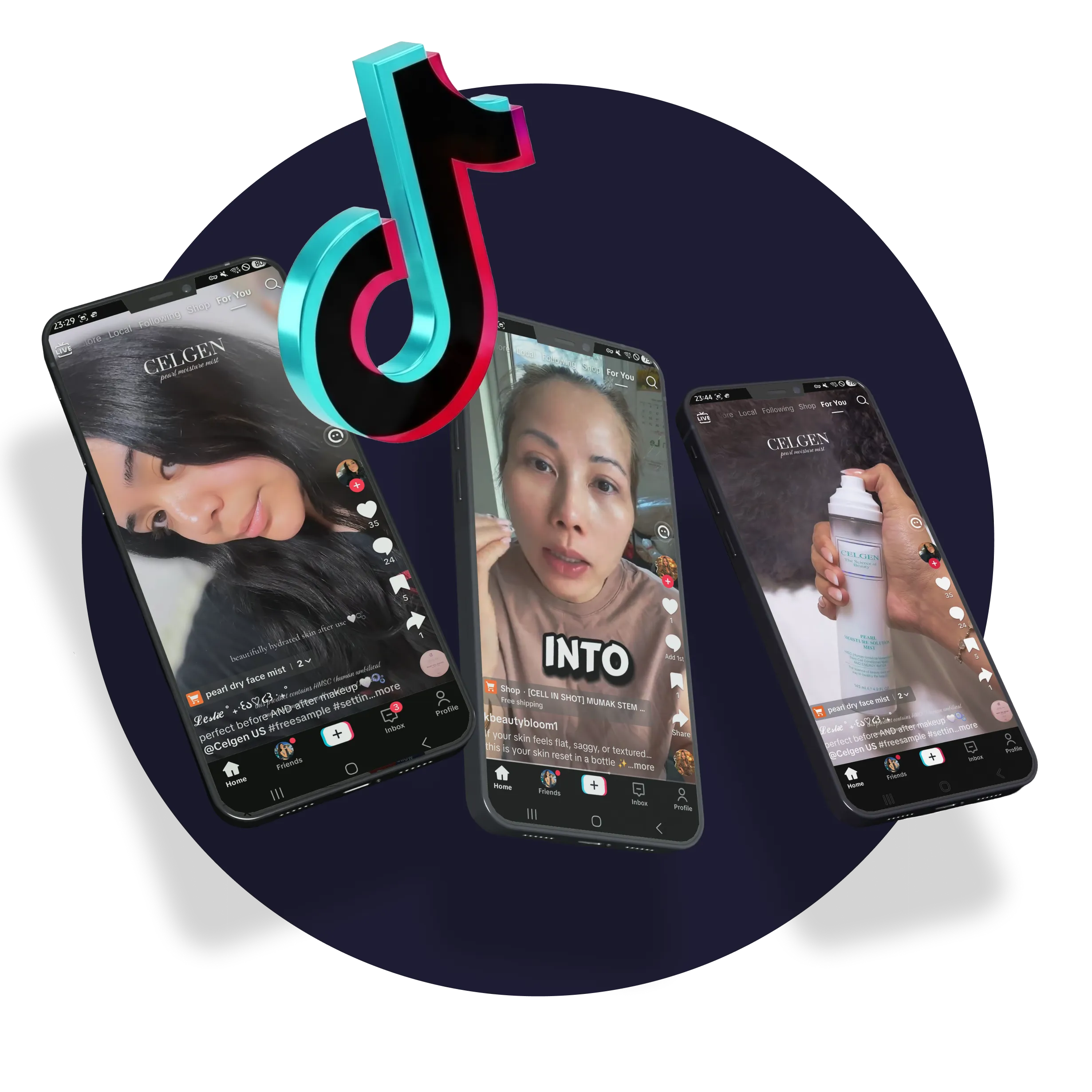 Three smartphones displaying TikTok videos featuring a skincare product called Celgen Pearl Moisture Face Mist, with one video showing a woman applying it and another showing a close-up of the mist bottle, under a large TikTok logo.