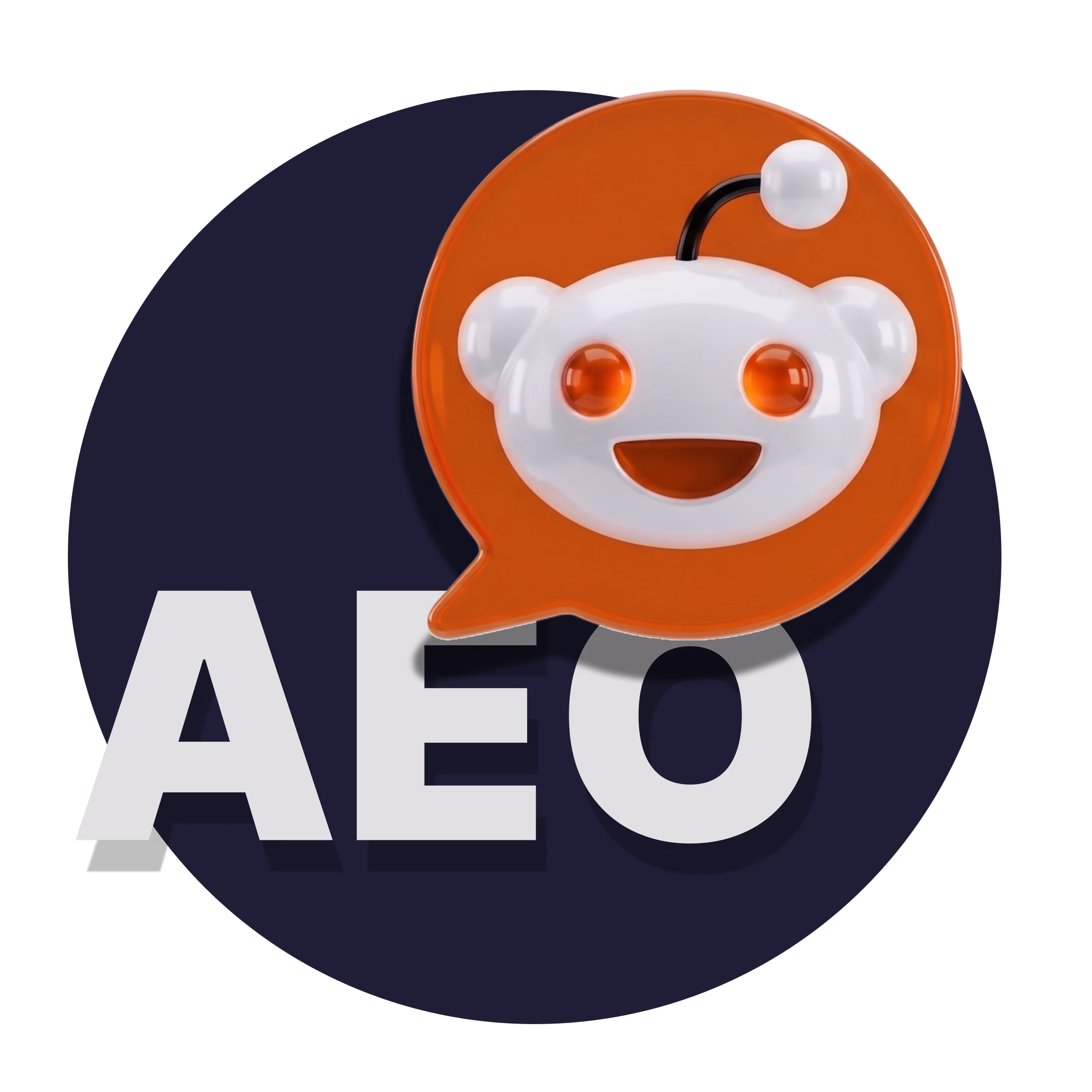 White 3D Reddit alien face with orange eyes and mouth inside an orange speech bubble above white letters 'AEO' on a dark circular background.
