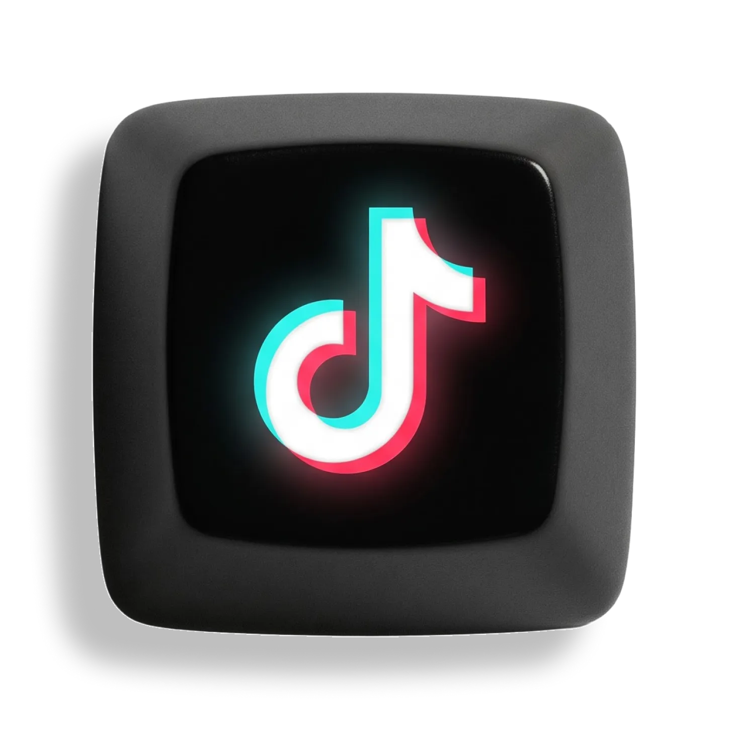 TikTok logo in white with cyan and pink shadows, centered on a rounded square black background.