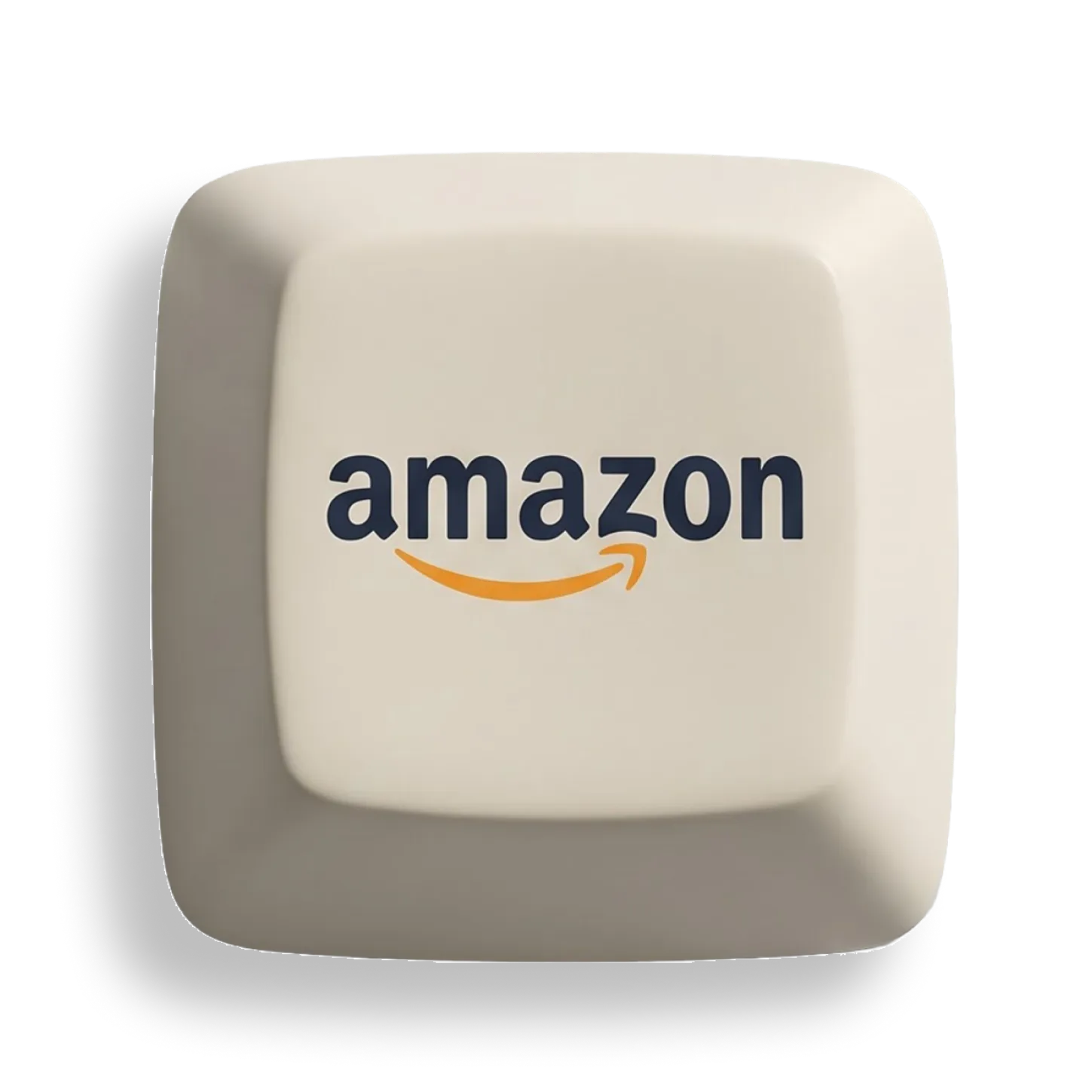 A beige computer keyboard key with the Amazon logo printed on it, featuring the word 'amazon' in lowercase letters and a curved orange arrow underneath.