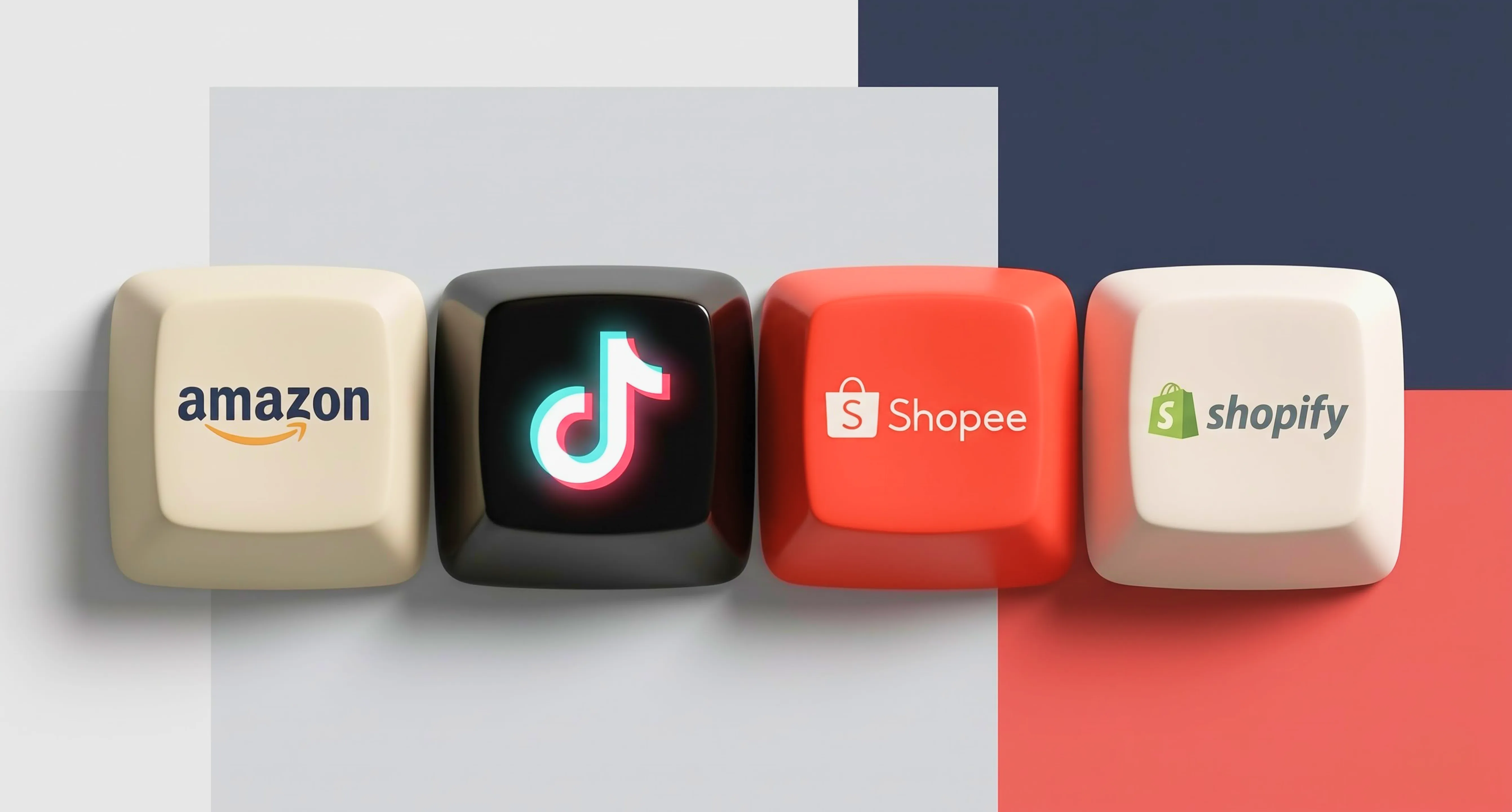 Four keyboard keys with logos of popular e-commerce and social media platforms: Amazon, TikTok, Shopee, and Shopify, arranged from left to right on a background divided into gray, navy blue, and coral color blocks.