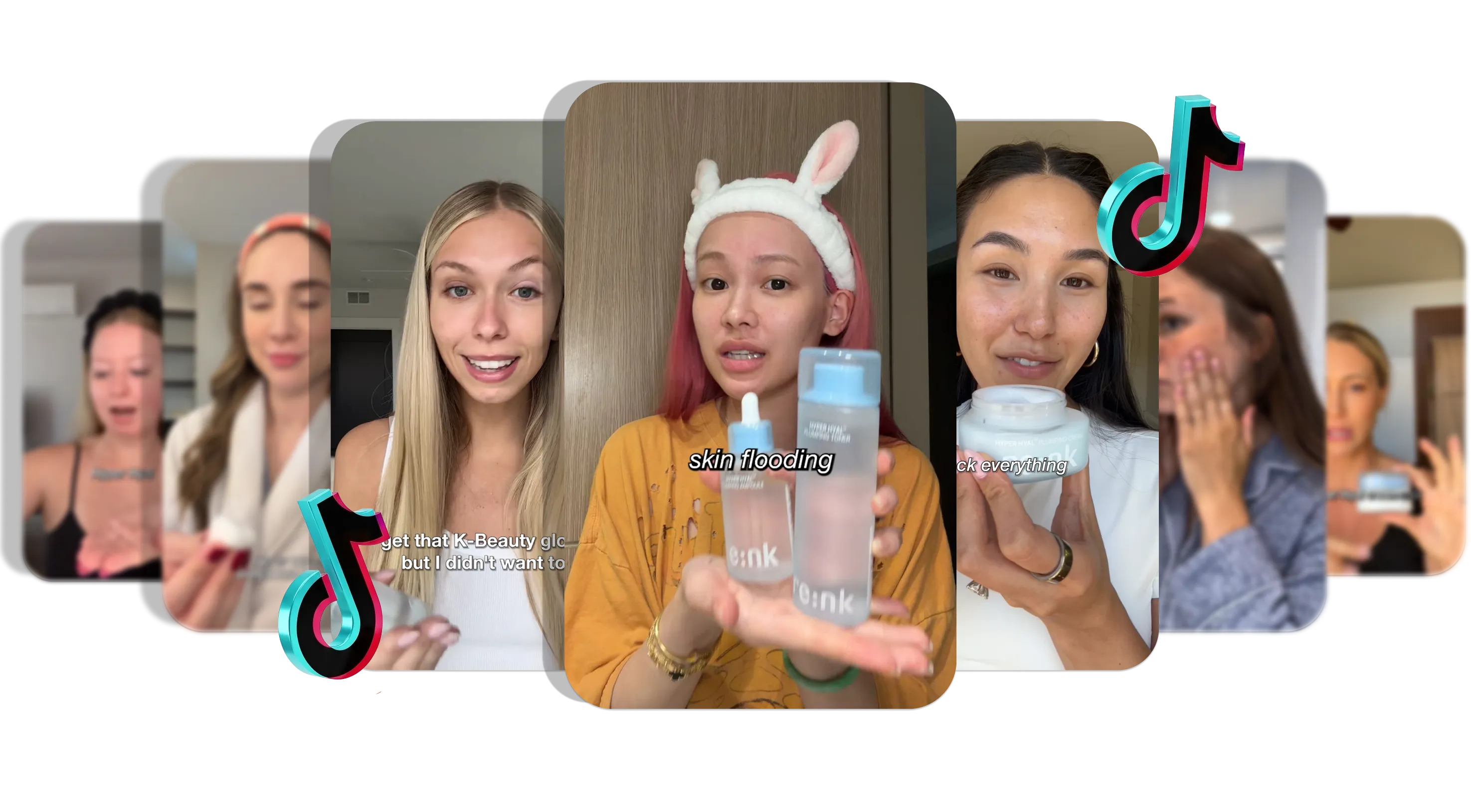 Collage of seven people, mostly women, in TikTok-style vertical frames, demonstrating skincare routines, holding skincare products, and applying creams, with TikTok logos visible.
