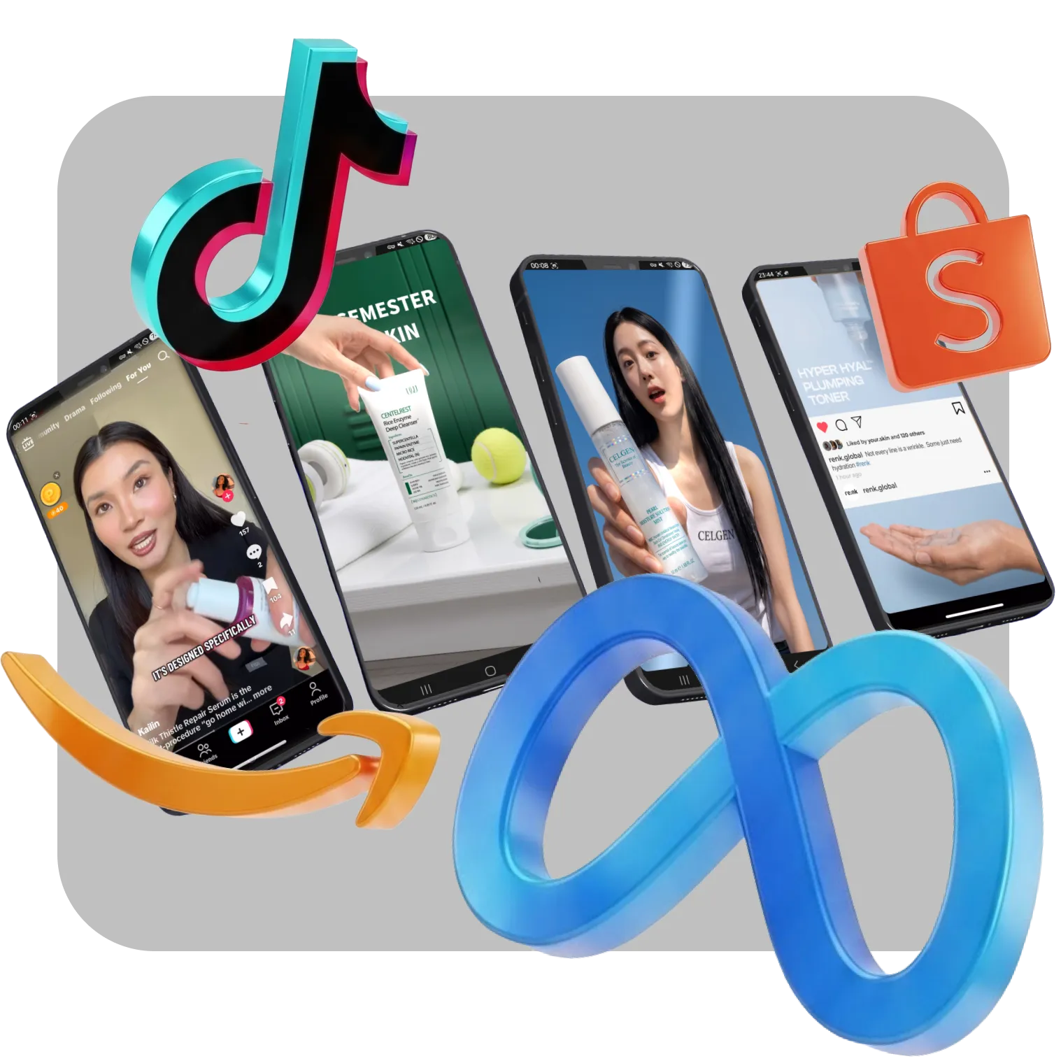 Four smartphones displaying skincare product videos and ads featuring women showcasing bottles and tubes, surrounded by 3D logos of TikTok, Amazon, Meta, and Shopee, representing social media and e-commerce platforms.