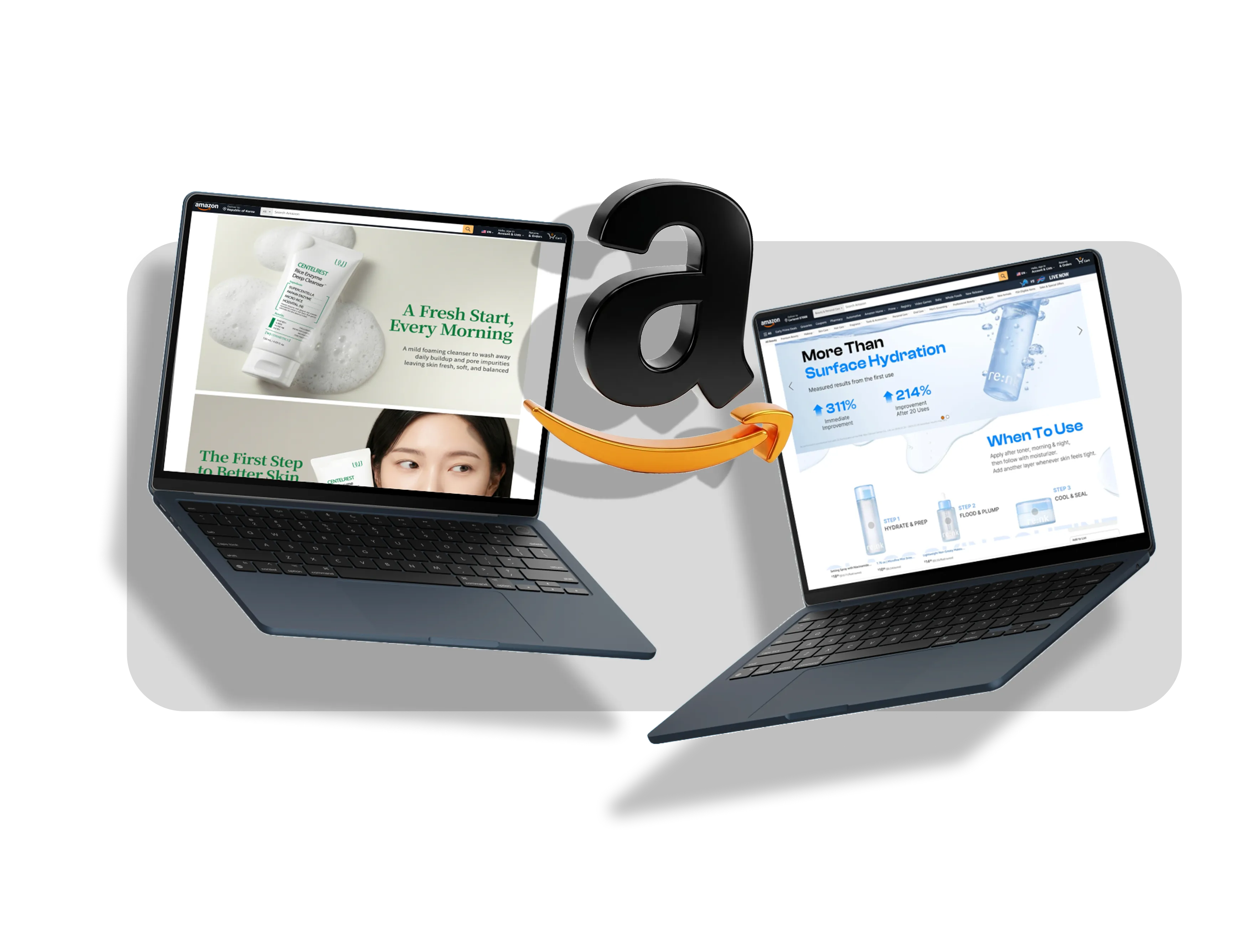 Two open laptops displaying Amazon product pages for skincare items, with a large black Amazon 'a' logo and the signature orange arrow between them.