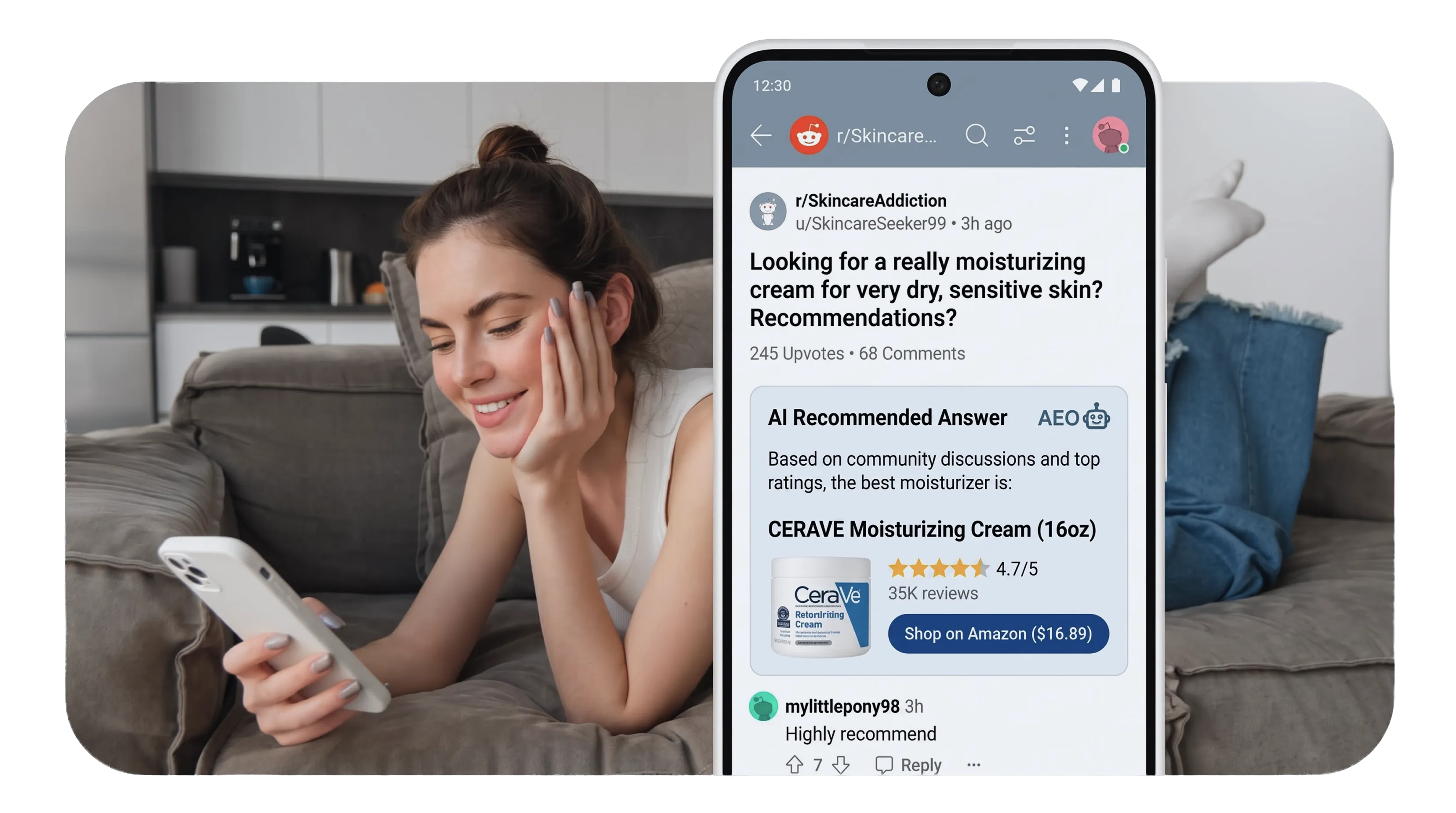 A woman lying on a gray couch smiling while looking at her smartphone, with a phone screen overlay showing a Reddit post in r/SkincareAddiction asking for moisturizers for dry sensitive skin. An AI recommended answer suggests CERAVE Moisturizing Cream with a 4.7/5 star rating and 35,000 reviews, with a button to shop on Amazon for $16.89.