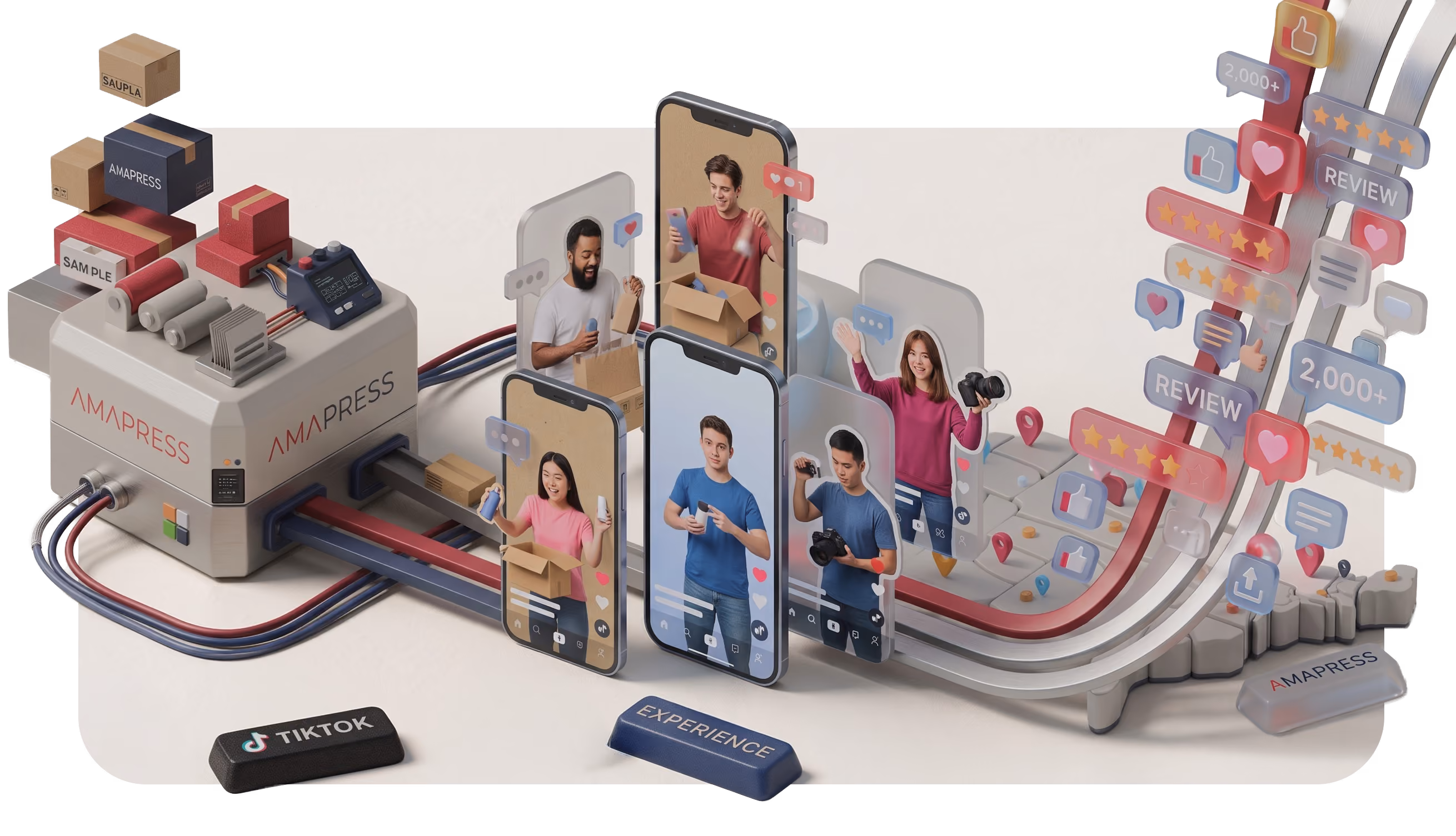 3D illustration of a machine labeled AMAPRESS feeding packages into smartphone screens showing diverse people unboxing and recording videos, representing TikTok user experience and content creation, with icons of likes, hearts, reviews, and ratings emerging on the right side.