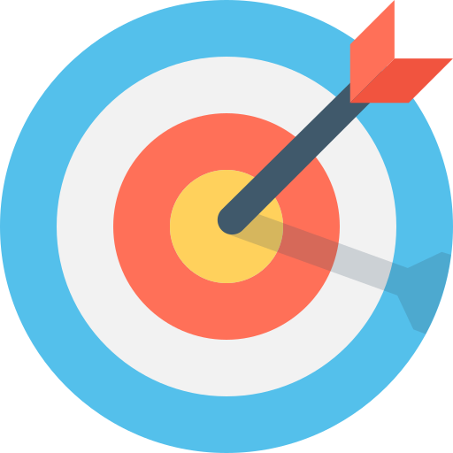 A target with concentric circles colored blue, white, orange, and yellow, with an arrow hitting the yellow bullseye at the center.