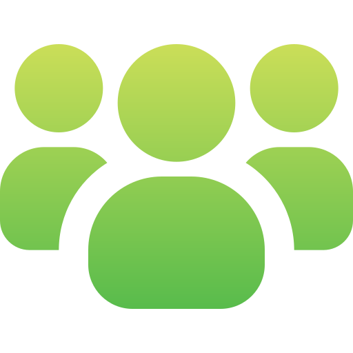 Icon of three people in a group, represented by simple green gradient silhouettes, with one larger figure in the center and two smaller figures on either side.