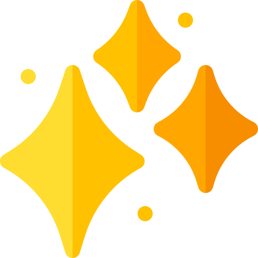 Three yellow and orange sparkling star shapes with three smaller circular sparkles on a transparent background.