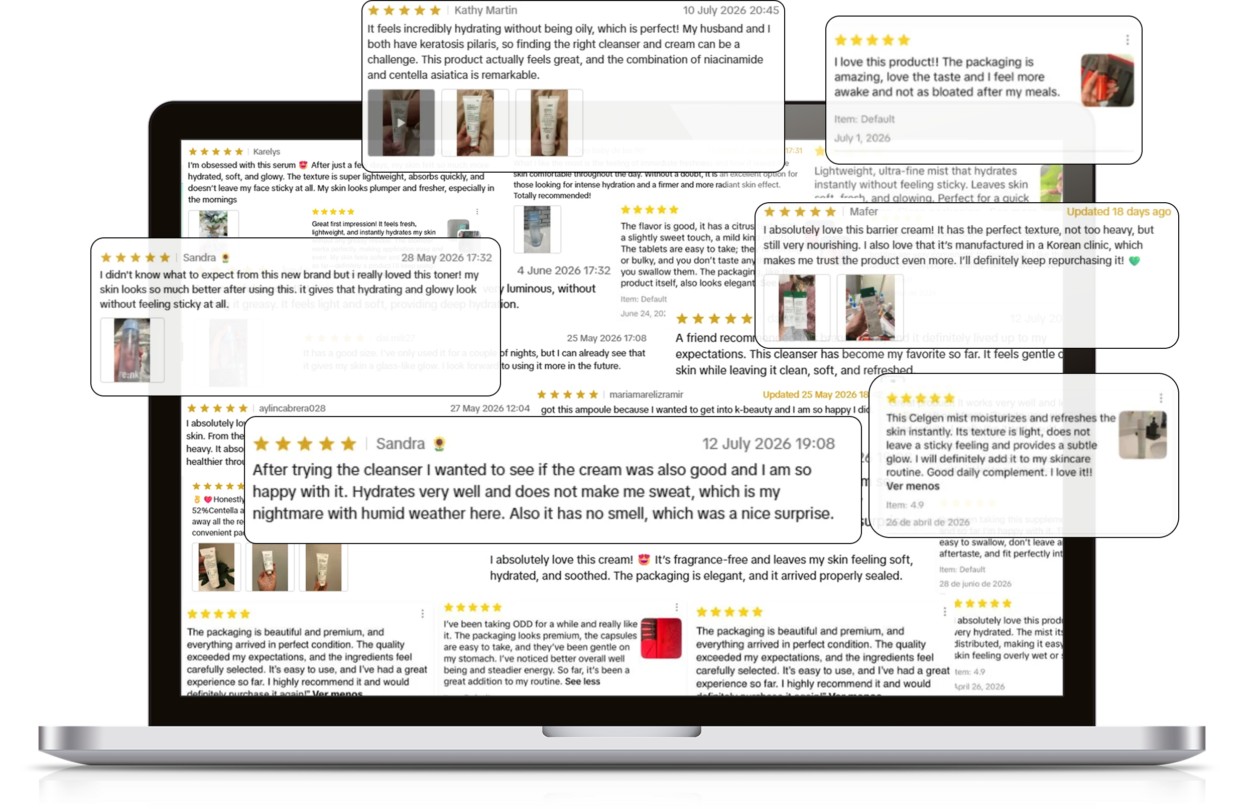 Laptop screen displaying multiple overlapping customer reviews with star ratings and product images, praising hydration, texture, packaging, and effects of skincare products.